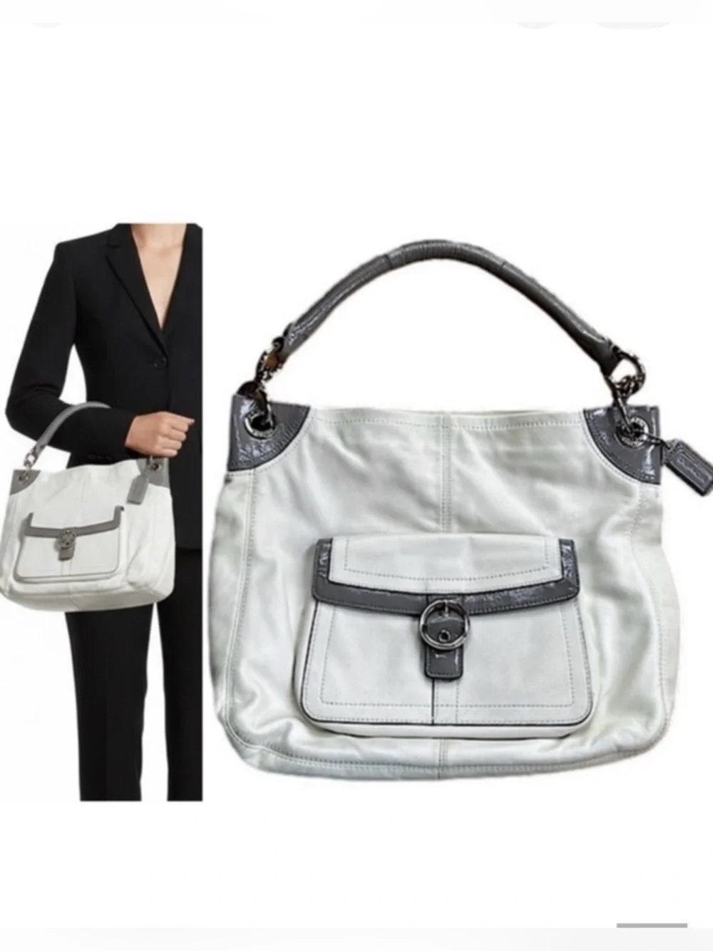 Coach Vintage Y2K City Zip Top Hobo Shoulder Bag Off white grey patent leather
